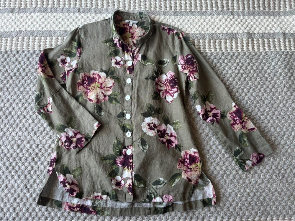 John Mark Floral 100% Linen Button-Down Blouse with Roll Tab Sleeves – Size XS